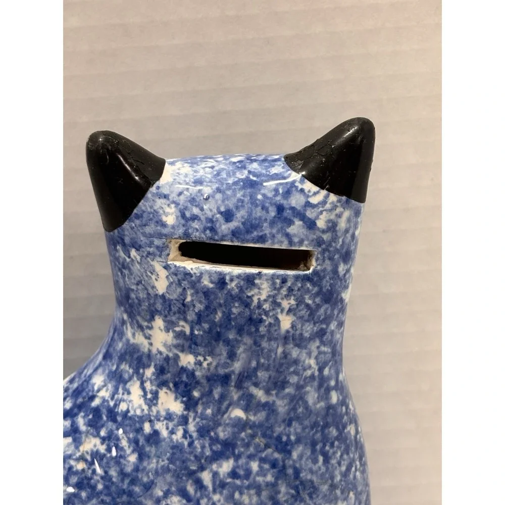 Cat Kitty Vintage Sponged Painted Blue‎ and White Coin Bank 9
